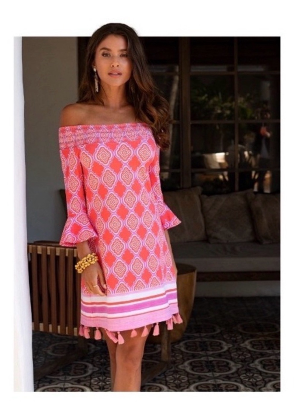 NWTCabana Life Coral Pink Off-Shoulder Tassel Hem Dress